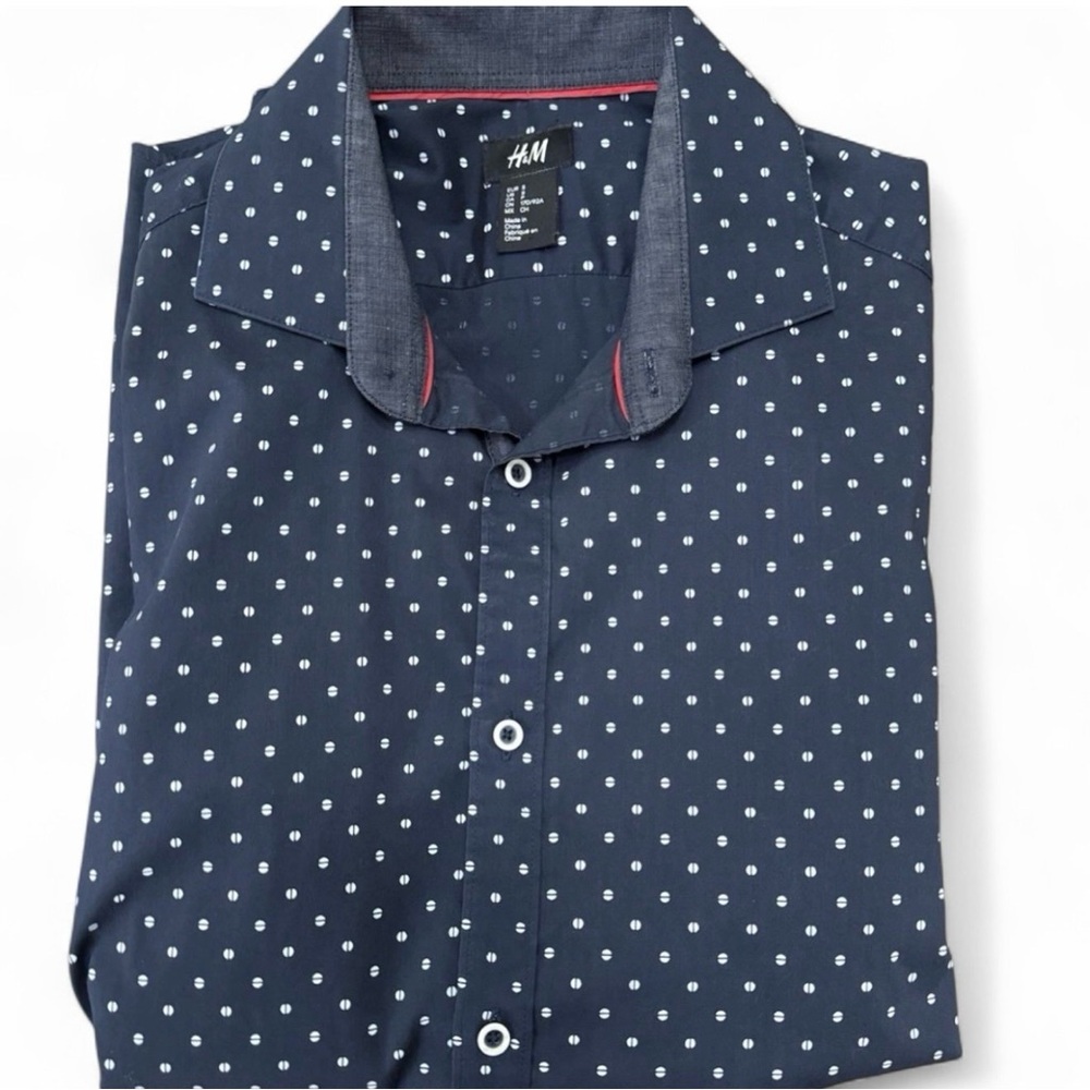 H&M Men's Dark Blue Polka Dot Shirt